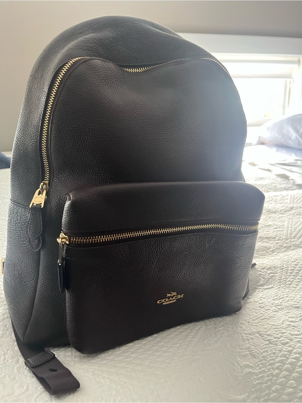 Coach Pebbled Leather Backpack in Dark Brown with Gold Hardware